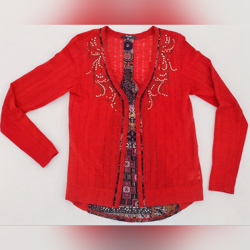 Miss Me Red Embellished Open-Front Cardigan with Bohemian Pattern Juniors Sz M